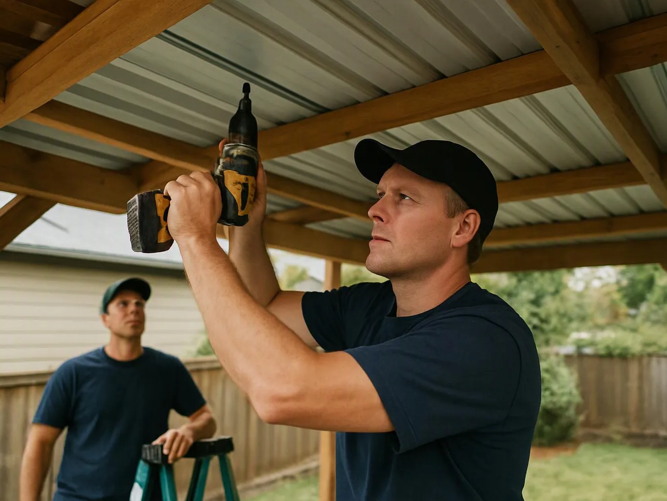 A man drills into a wooden roof frame while another stands beside a step ladder outside a house