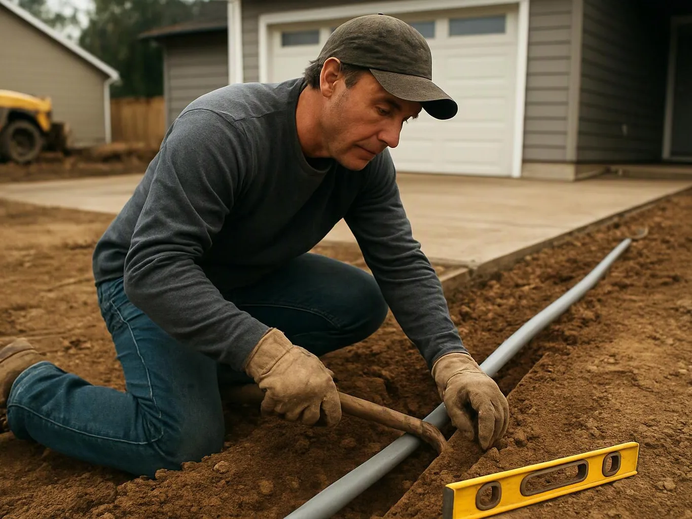 A man in gloves kneels by a trench, placing a pipe beside a driveway and garage