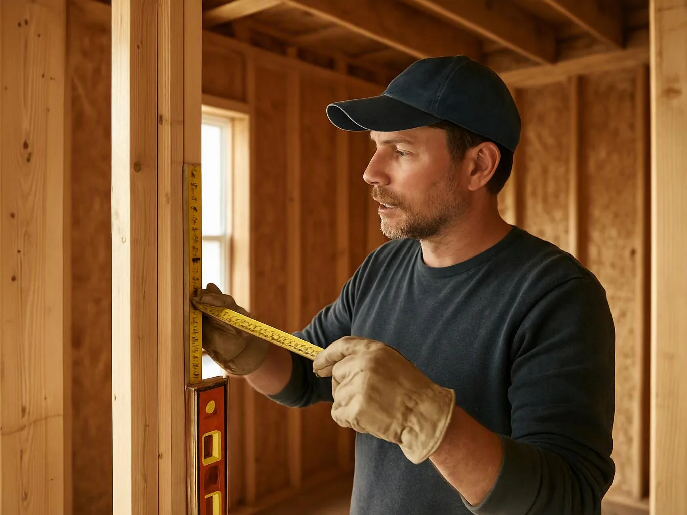 A man in gloves measures a wooden wall frame with a tape in a bare room