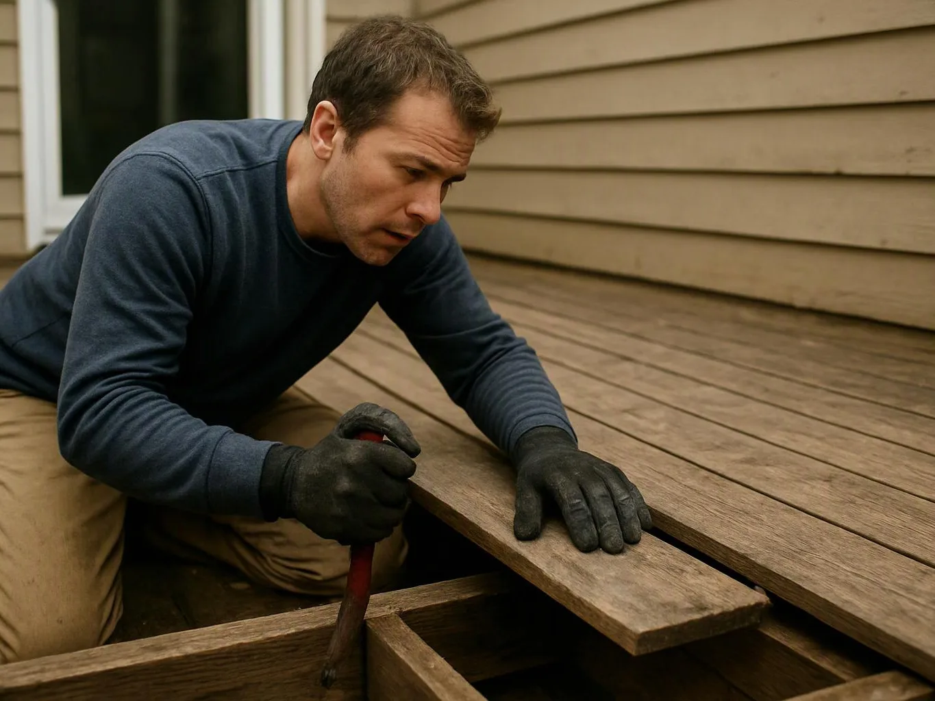 A man in gloves pries up a wooden deck board beside a house
