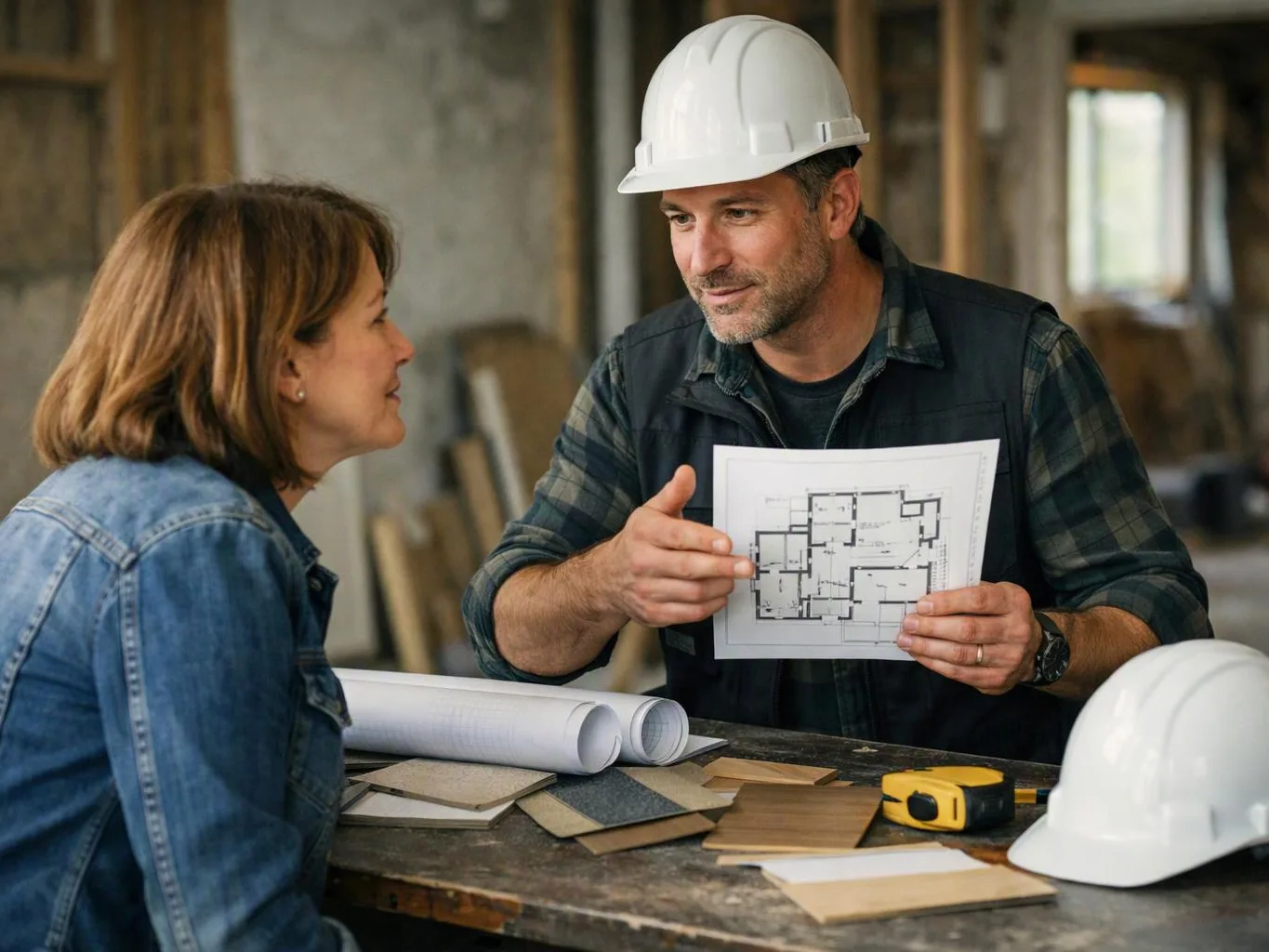 A man in a hard hat shows a floor plan to a woman at a construction table