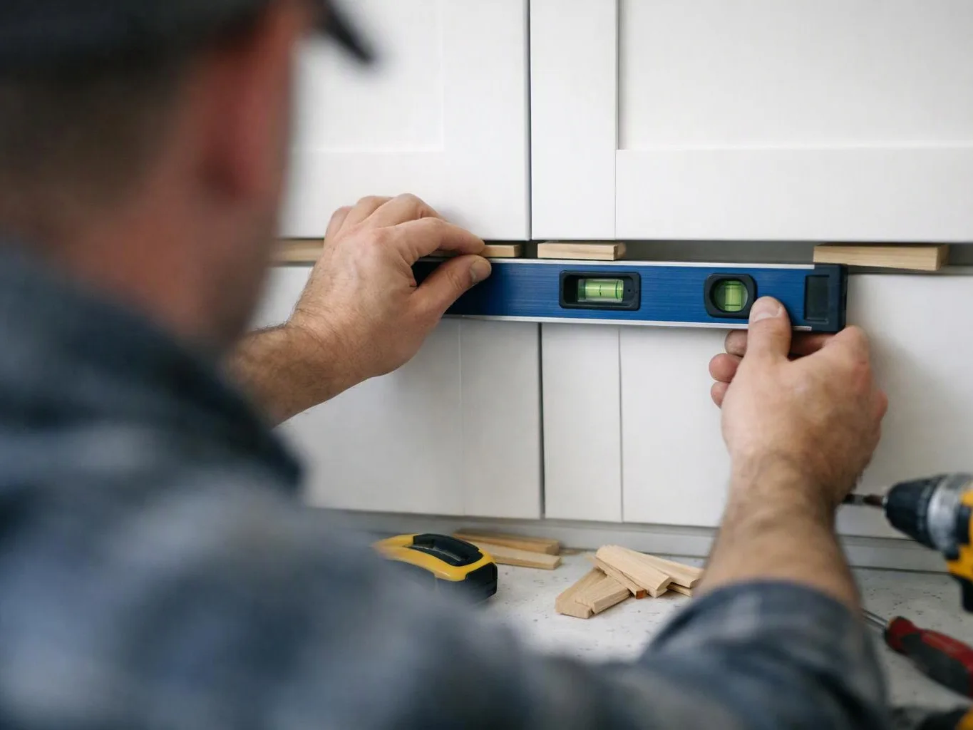 A man holds a blue level against white cabinet panels while working with wood pieces and tools
