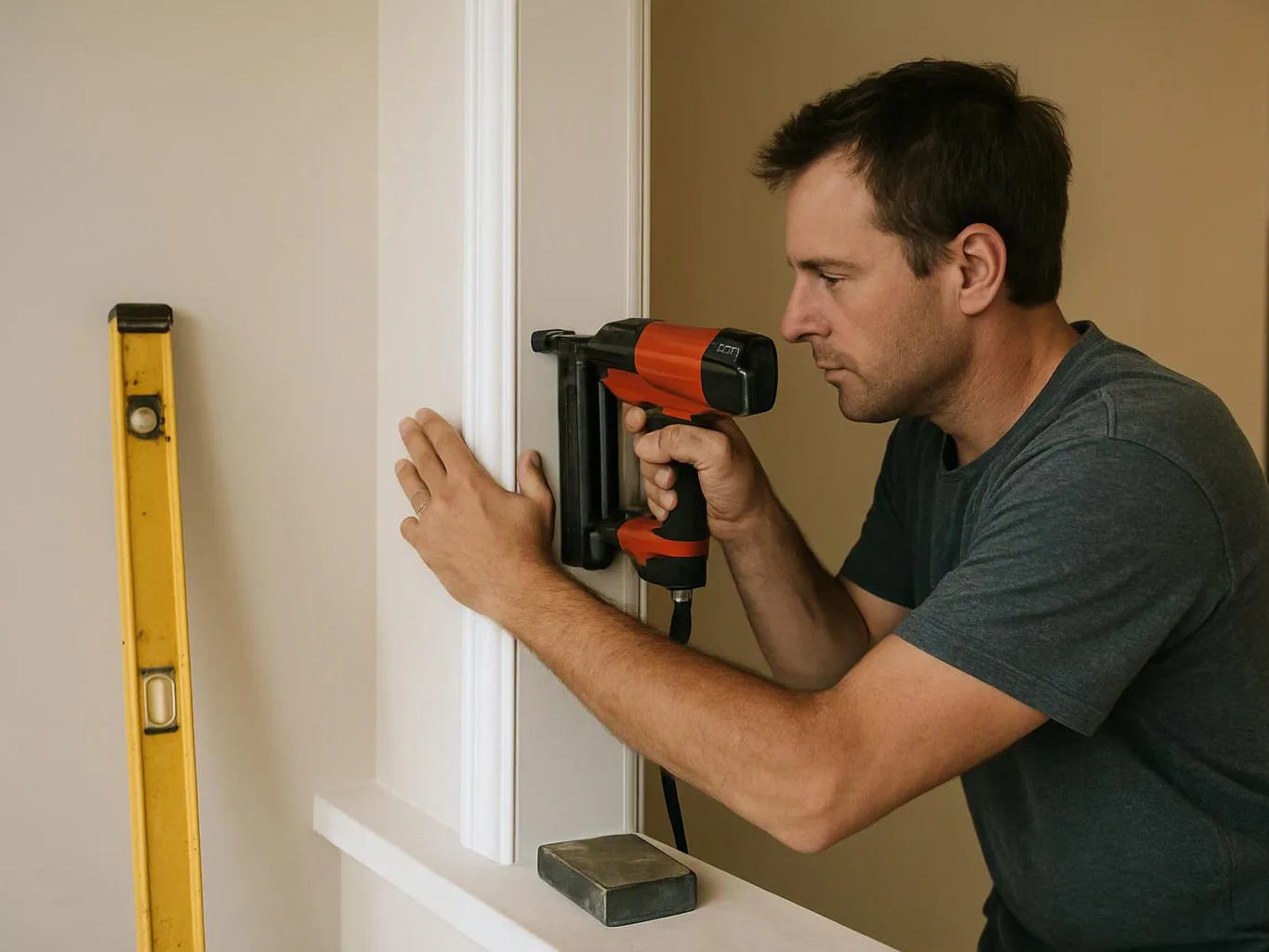 A man holds a power nailer against white trim while checking alignment beside a yellow level