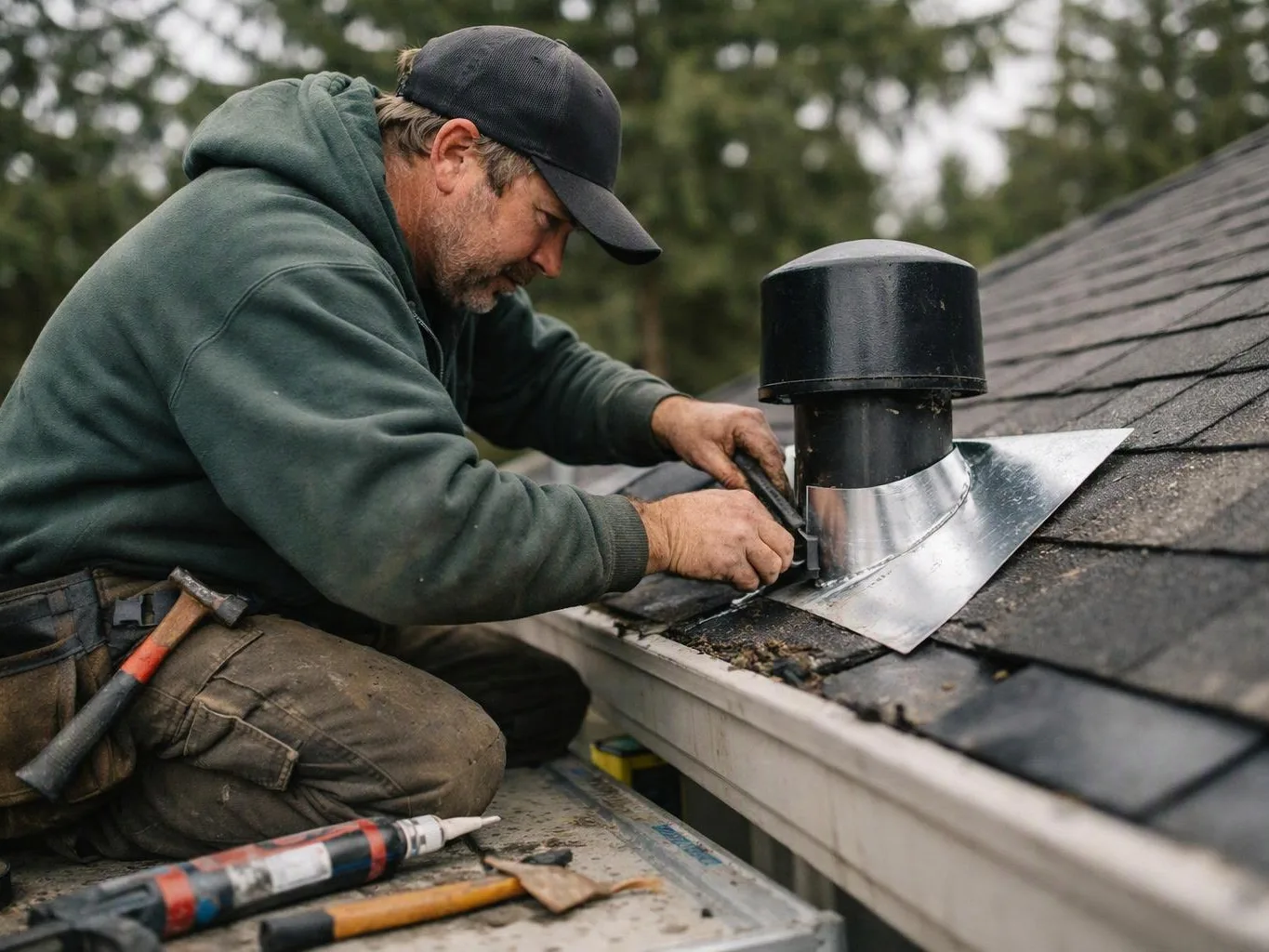 A man in a hoodie and cap kneels on a shingled roof, fitting metal flashing around a vent pipe
