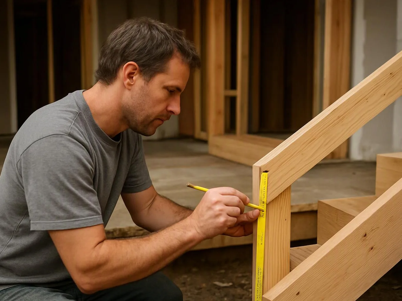 A man kneels indoors, measuring and marking a wooden stair railing with a yellow pencil