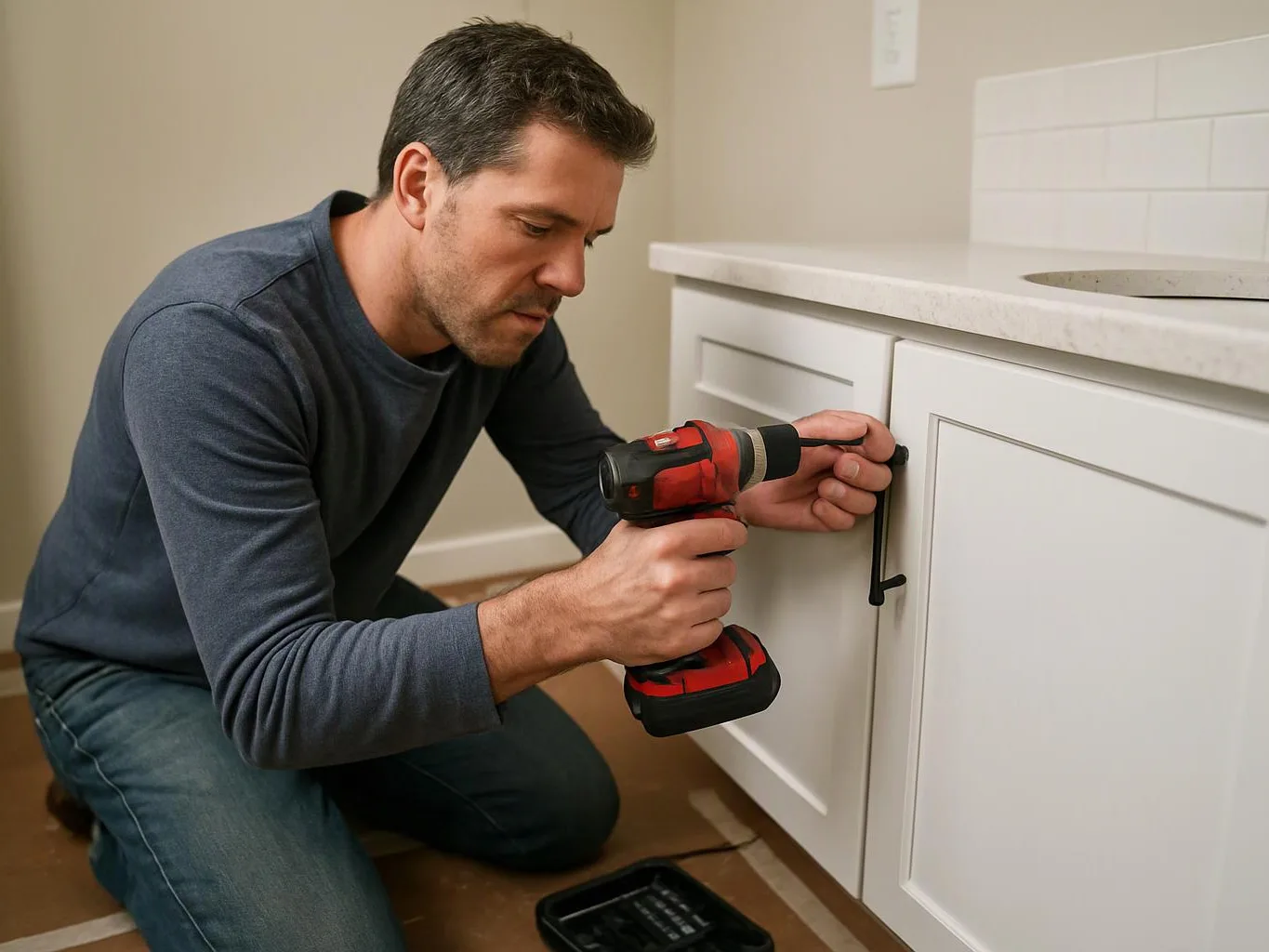 A man kneels on a kitchen floor, using a red drill to tighten a cabinet handle