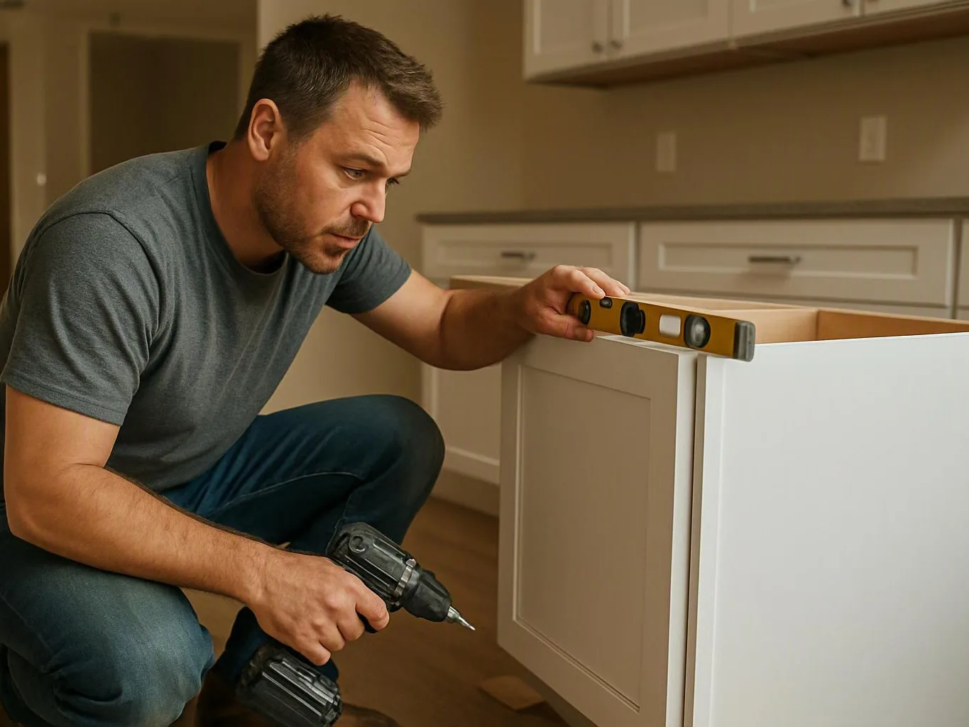 A man kneels in a kitchen, holding a drill and checking a white cabinet with a level