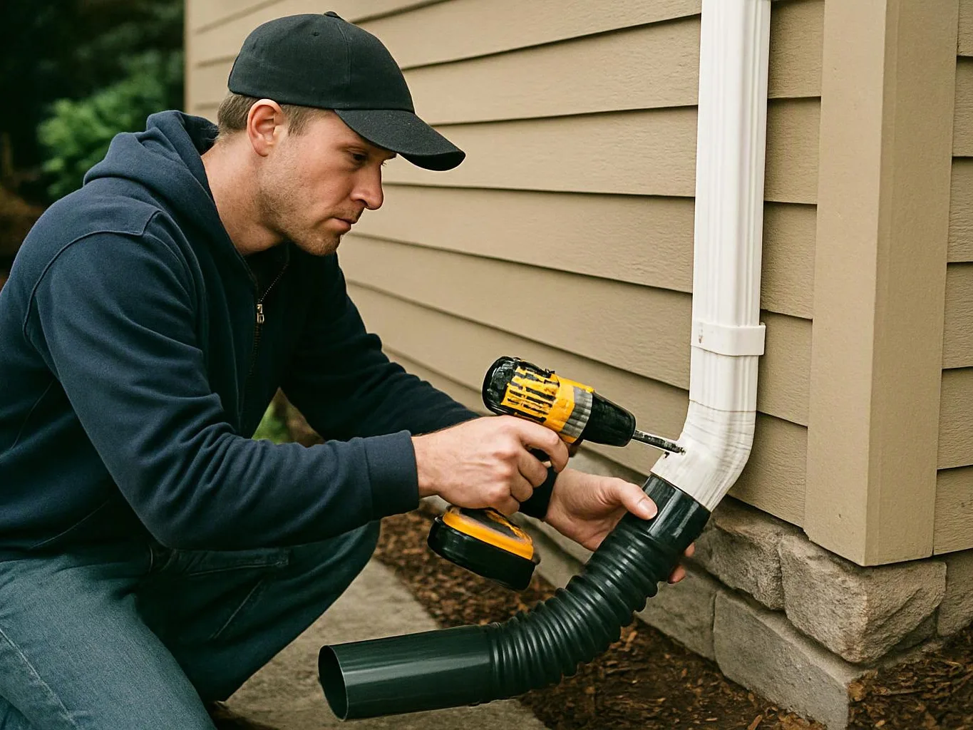 A man kneels outside a house, using a drill to attach a downspout to the siding