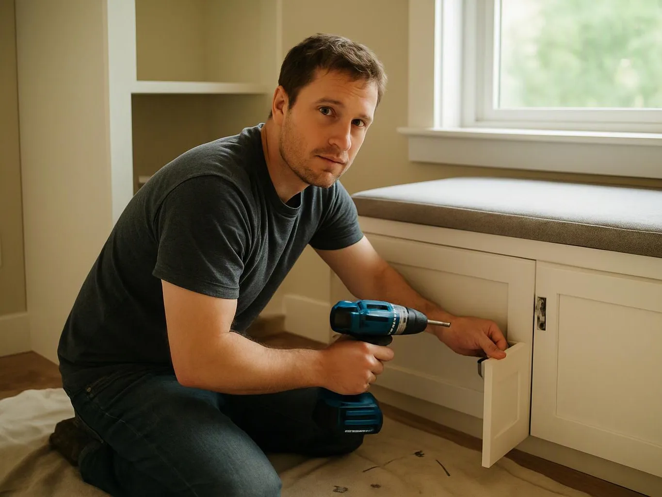 A man kneels by a white cabinet, holding a drill and working on an open door under a window