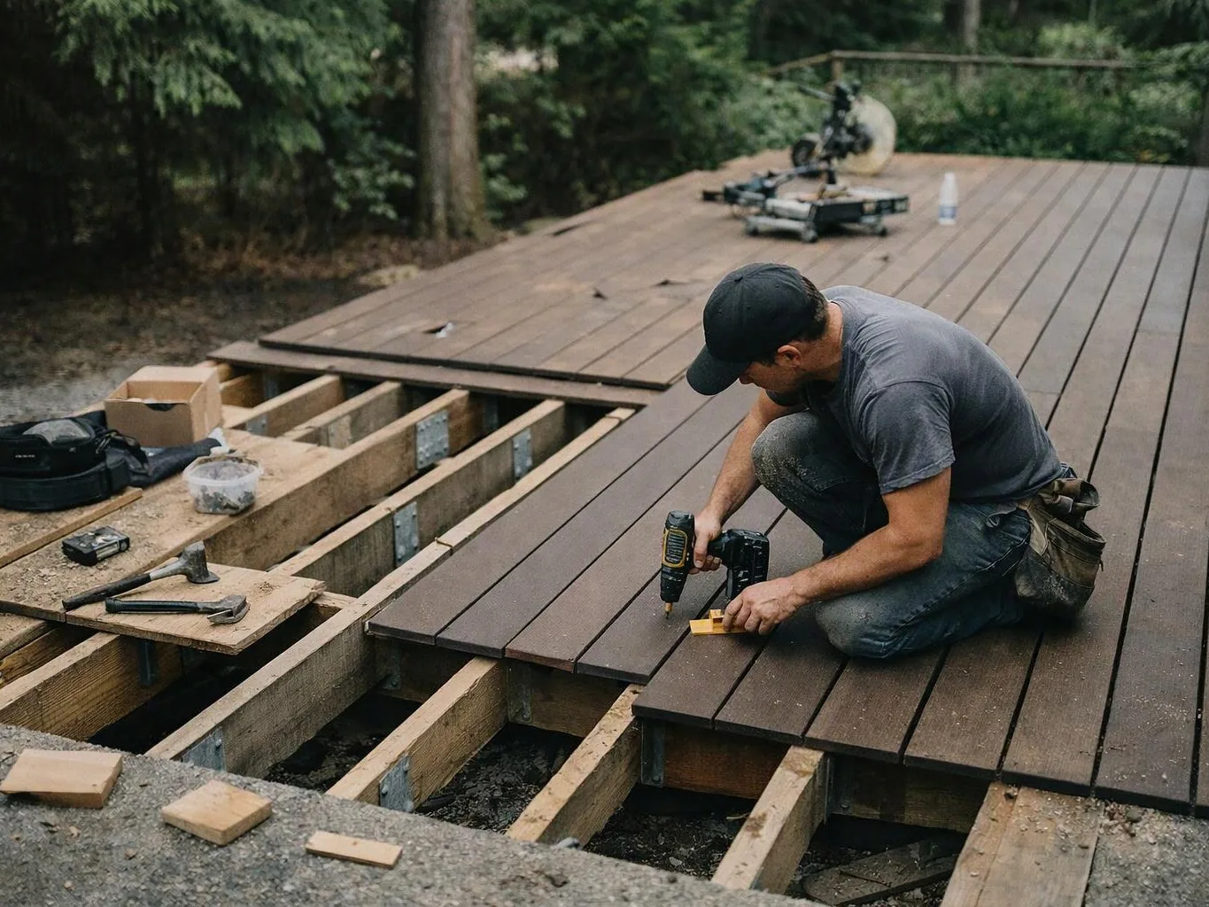 A man kneels on a wooden deck, using a drill to install planks beside exposed framing