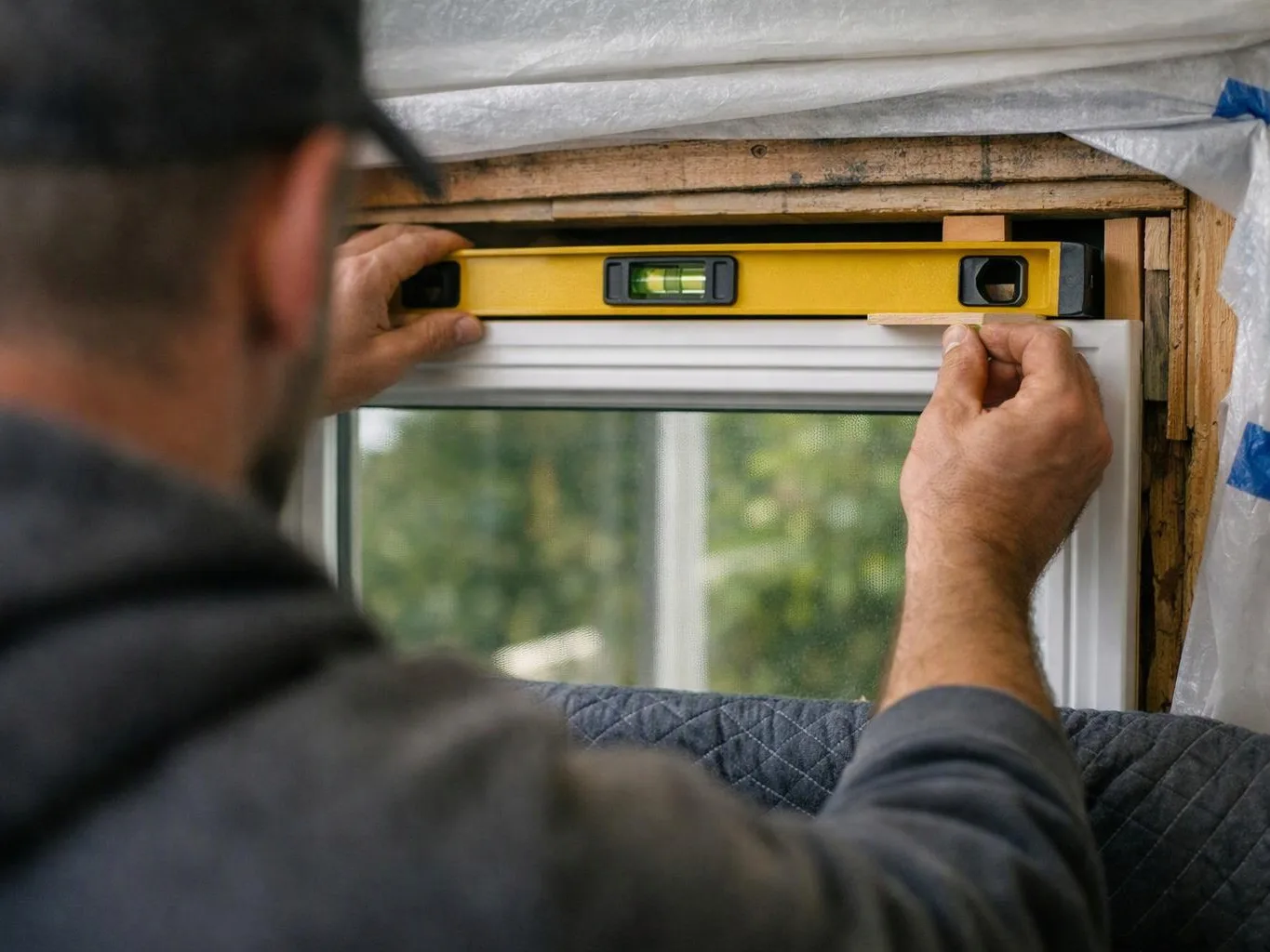 A man levels a window frame with a yellow spirit level inside a partially finished wall