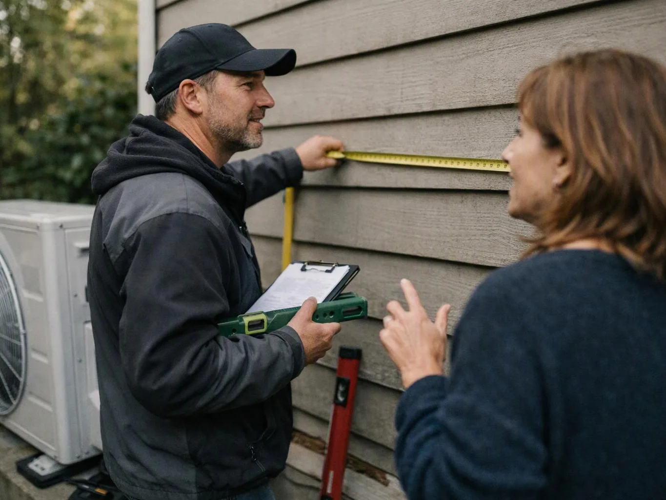 A man measures house siding with a tape measure while holding a clipboard, as a woman watches nearby