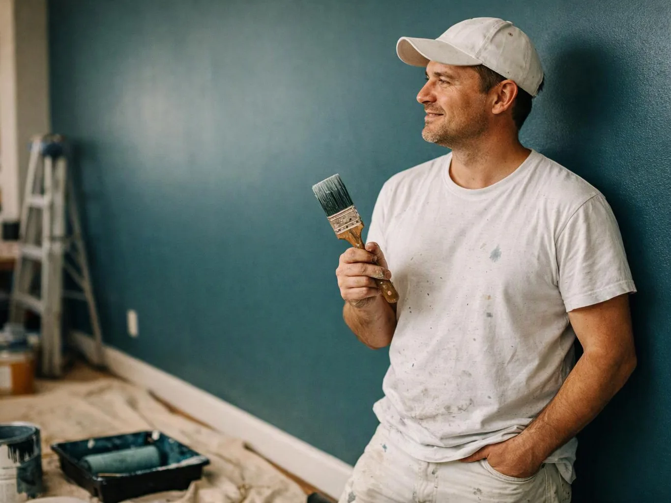 A man in a paint-splattered white shirt and cap holds a brush while leaning against a teal wall in a room under painting