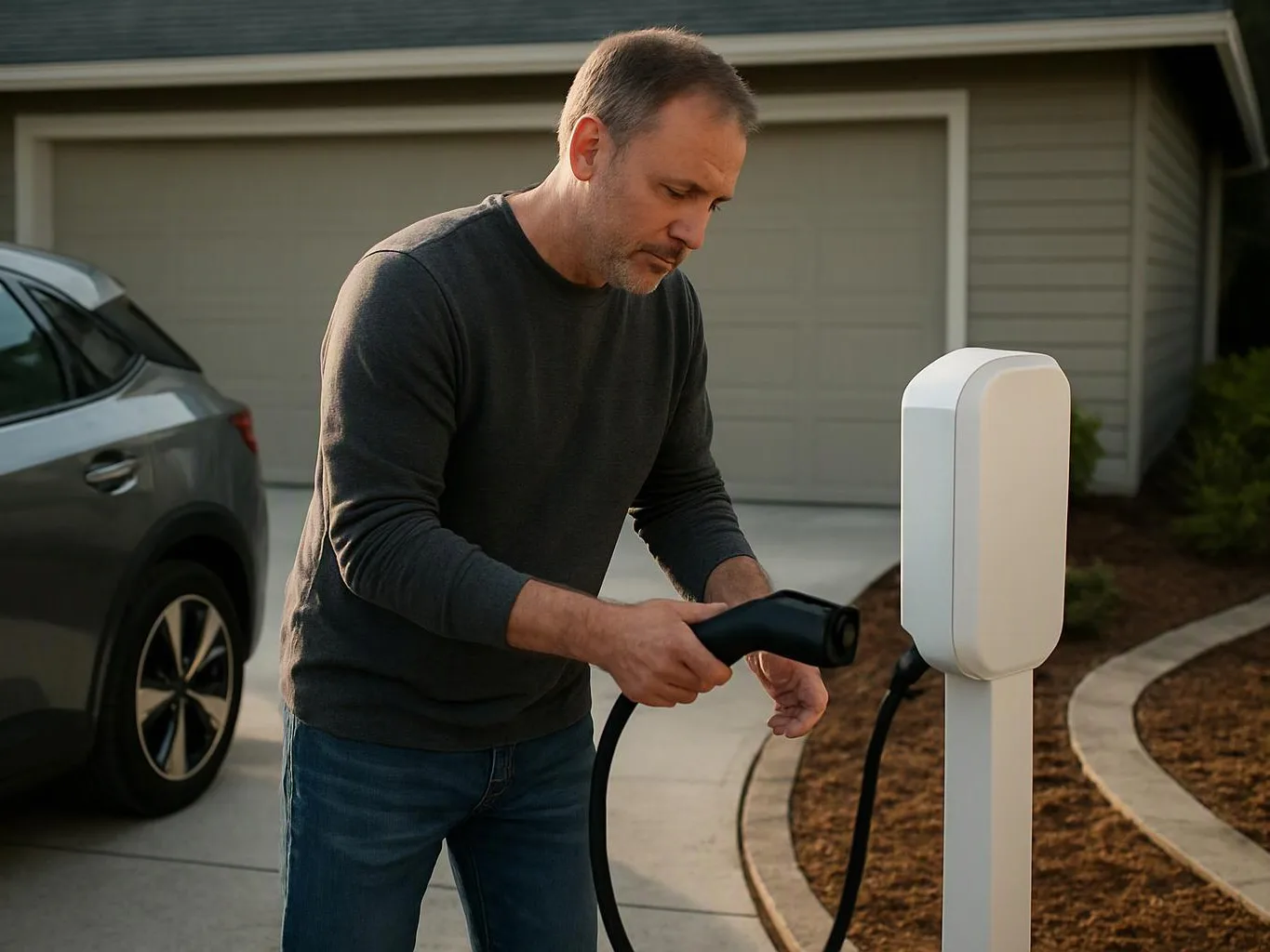 A man plugs a charging cable into a white home electric car charger beside a parked SUV
