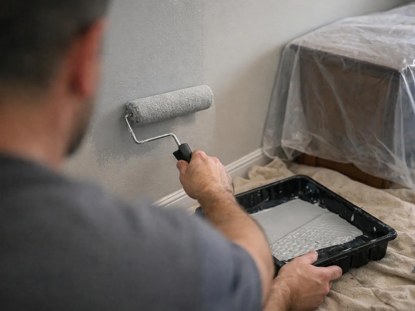 A man rolls gray paint onto a wall beside a covered table in a room