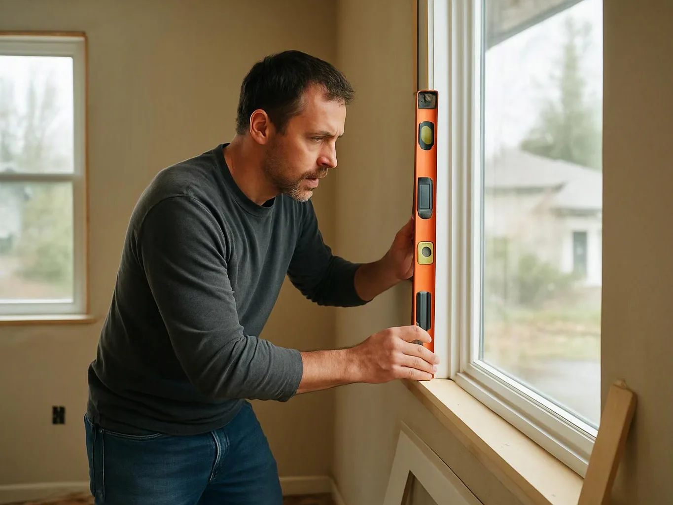A man in a room checks a window with a bright orange level, looking closely at the frame