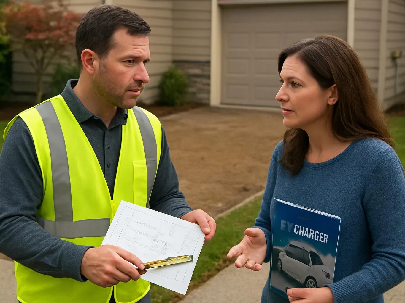 A man in a safety vest shows plans to a woman holding an EV charger booklet outside a house