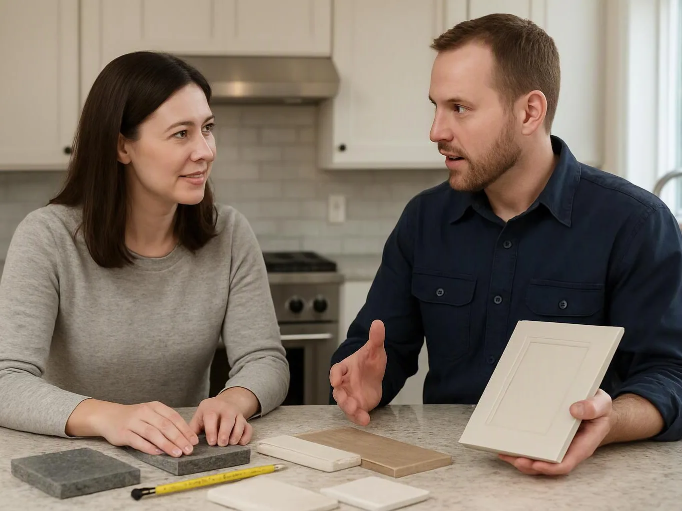 A man shows cabinet samples to a woman at a kitchen counter while they talk