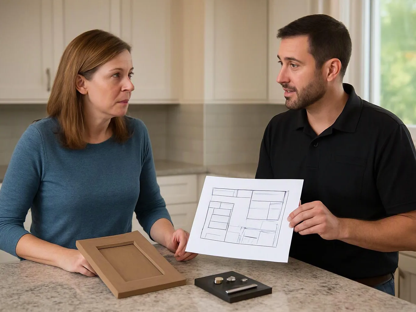 A man shows a kitchen layout sketch to a woman beside cabinet samples on a countertop