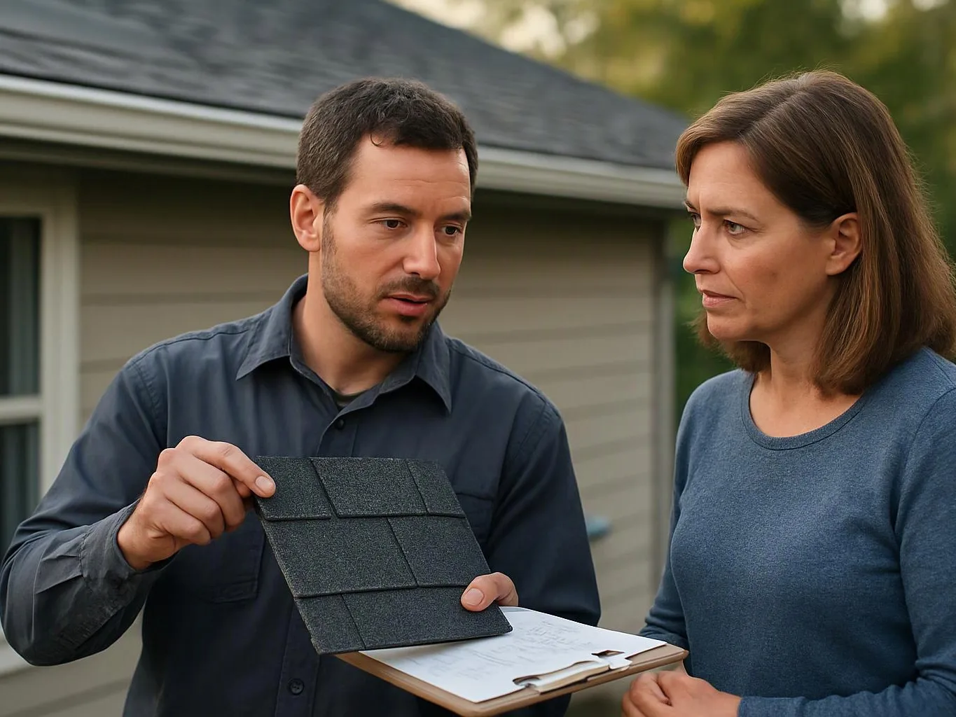 A man shows a roof shingle sample to a woman beside a house while holding a clipboard