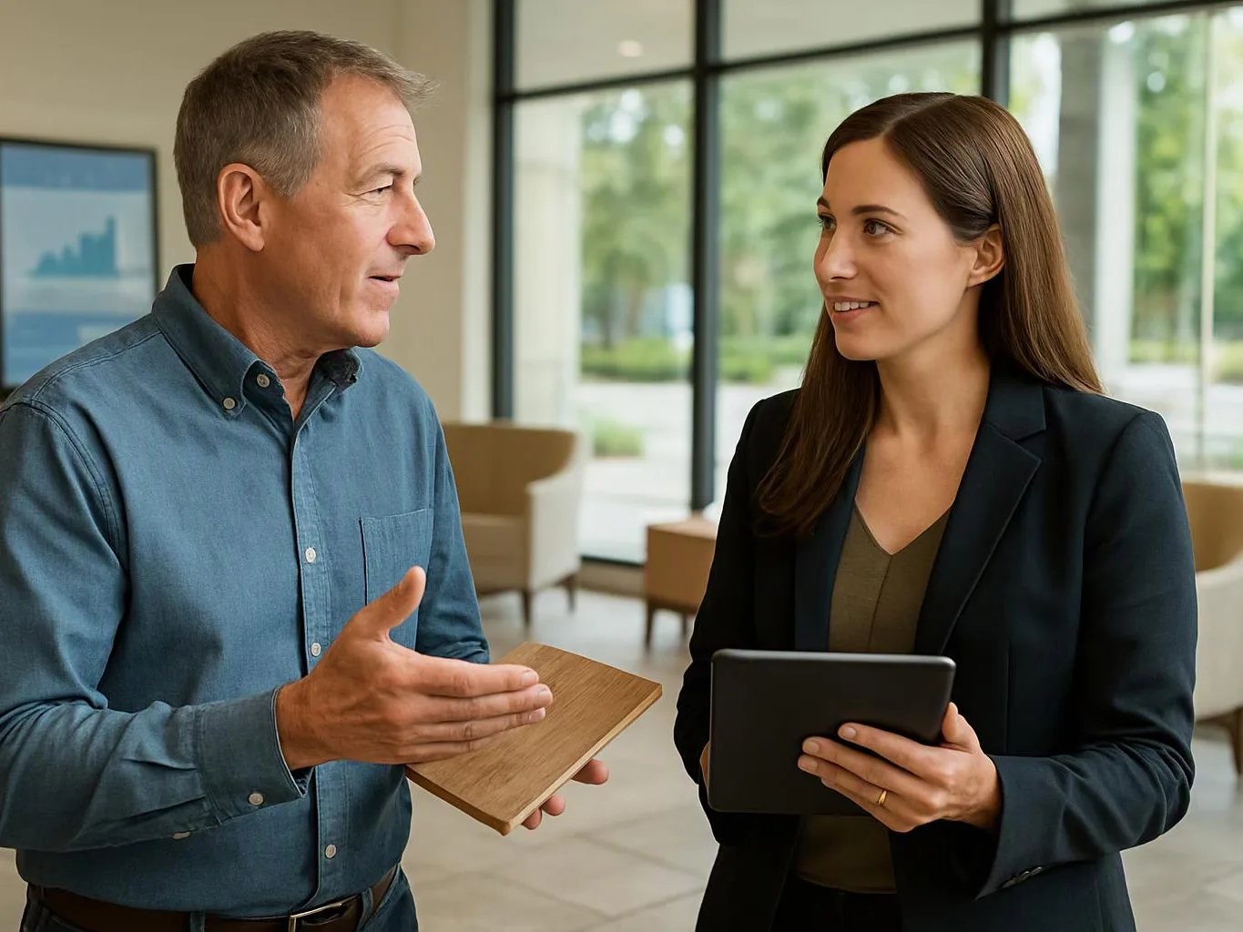 A man shows a wood sample to a woman holding a tablet in a bright modern lobby