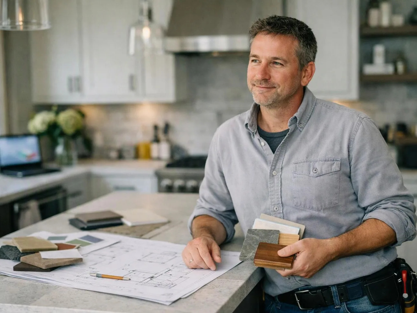 A man stands in a bright kitchen, holding material samples beside floor plans on the counter