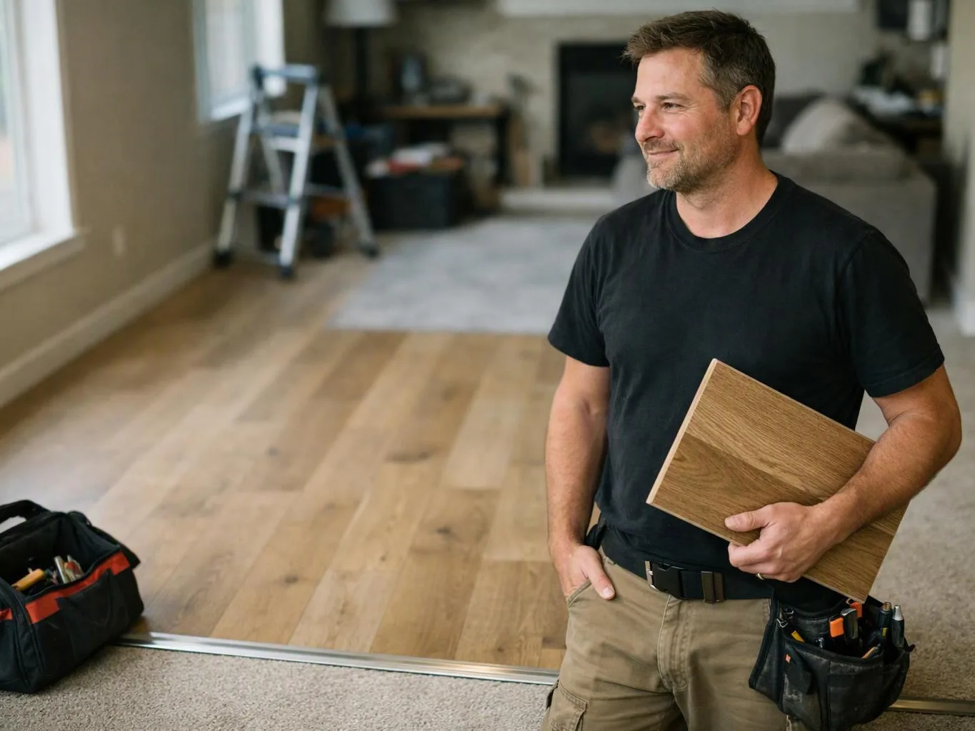 A man stands in a living room holding a wood sample, with tools and a ladder behind him