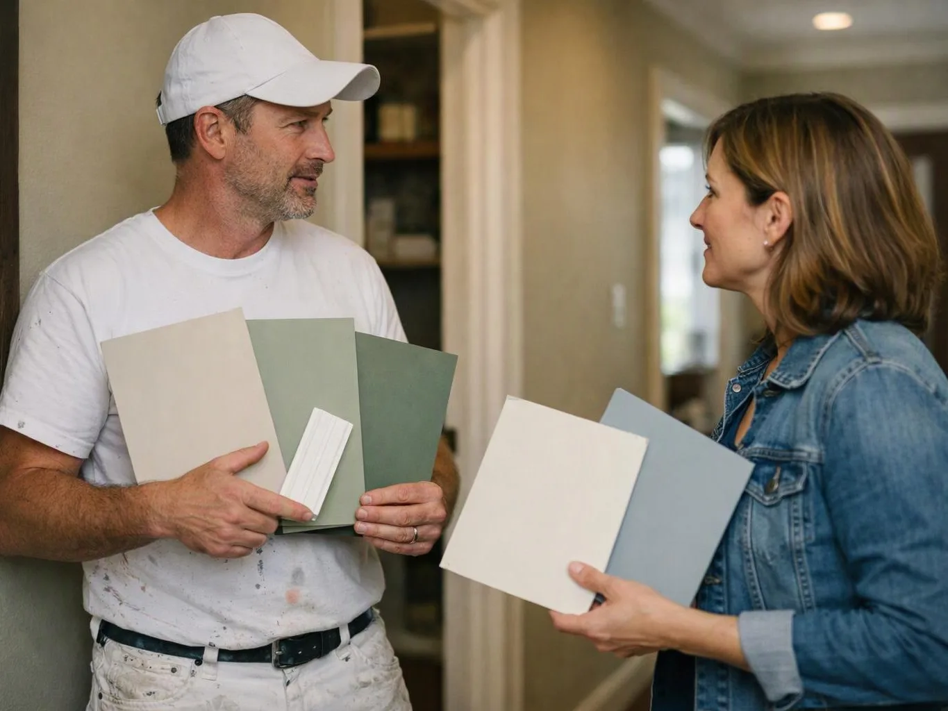 A man in a white cap and a woman in a denim jacket compare paint samples in a hallway