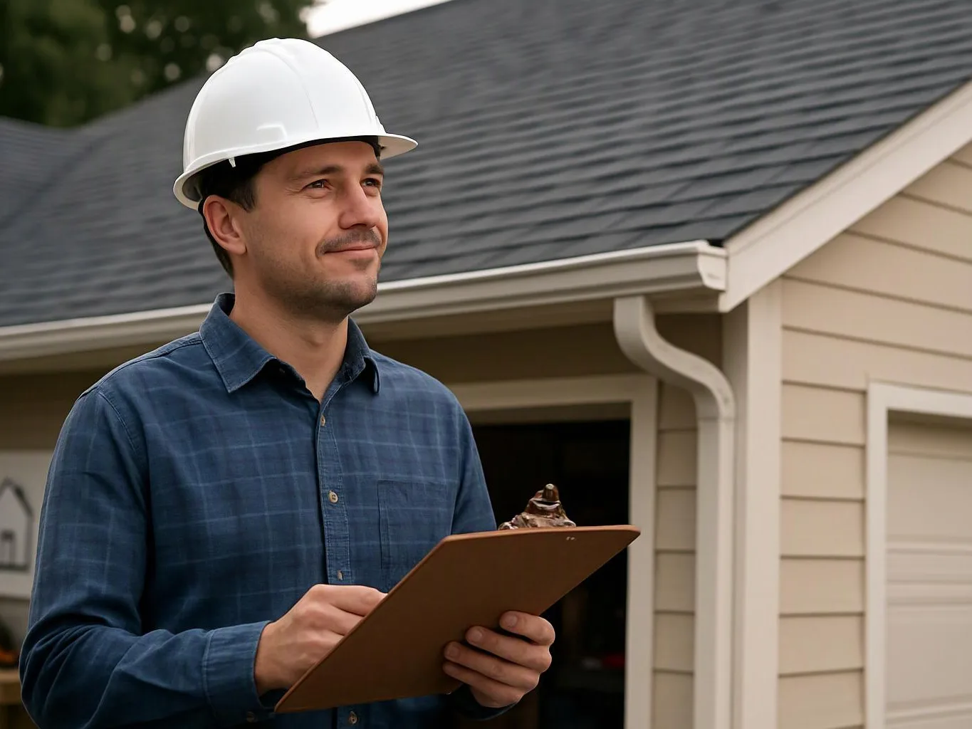 A man in a white hard hat holds a clipboard outside a beige house with a dark roof