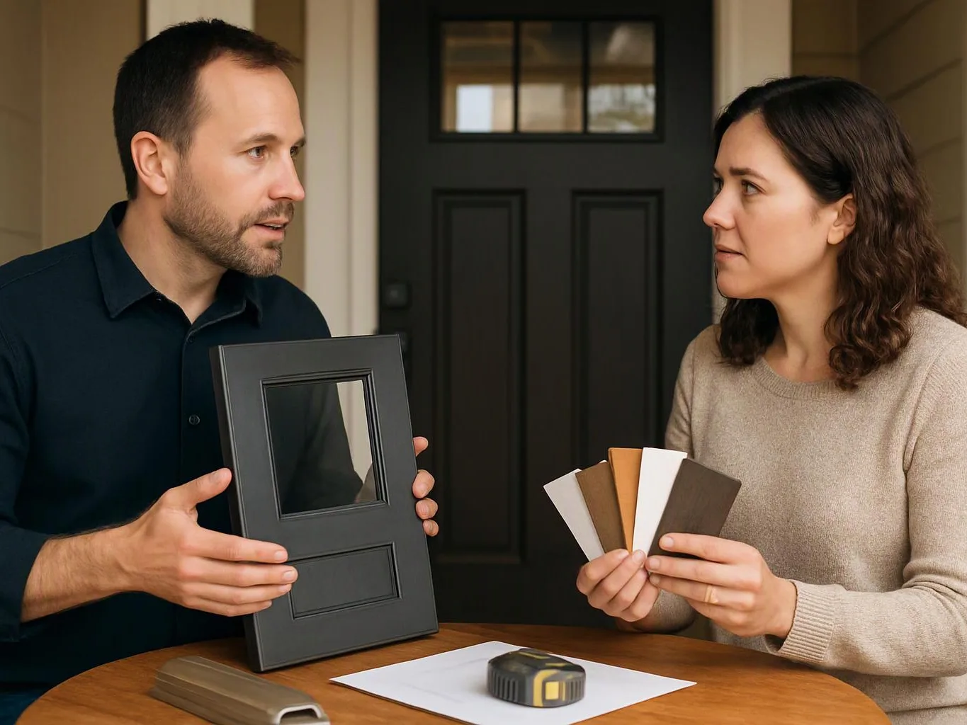 A man and woman compare cabinet door samples and a black frame sample at a table outside a front door