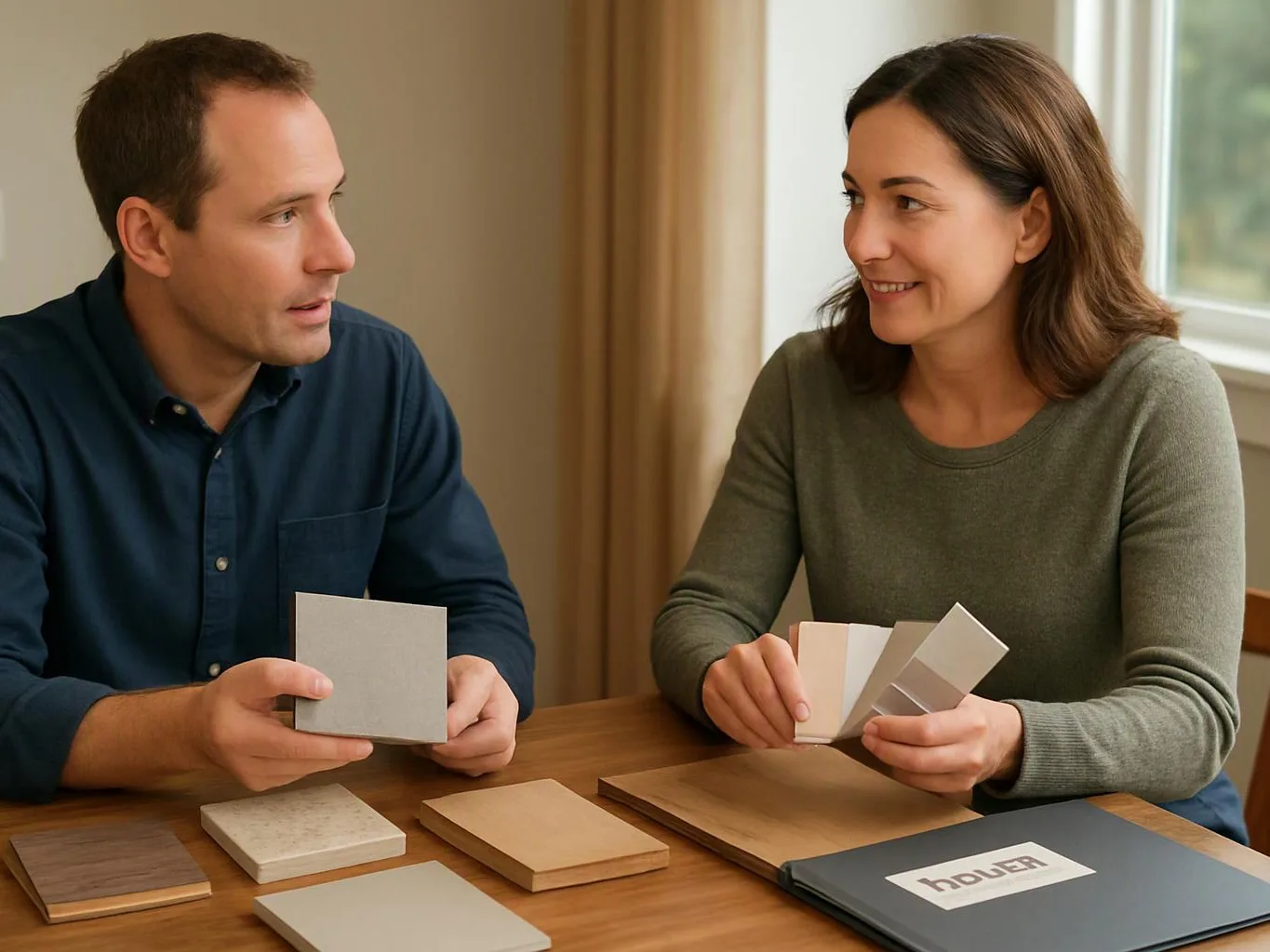 A man and woman compare color and material samples at a wooden table by a bright window