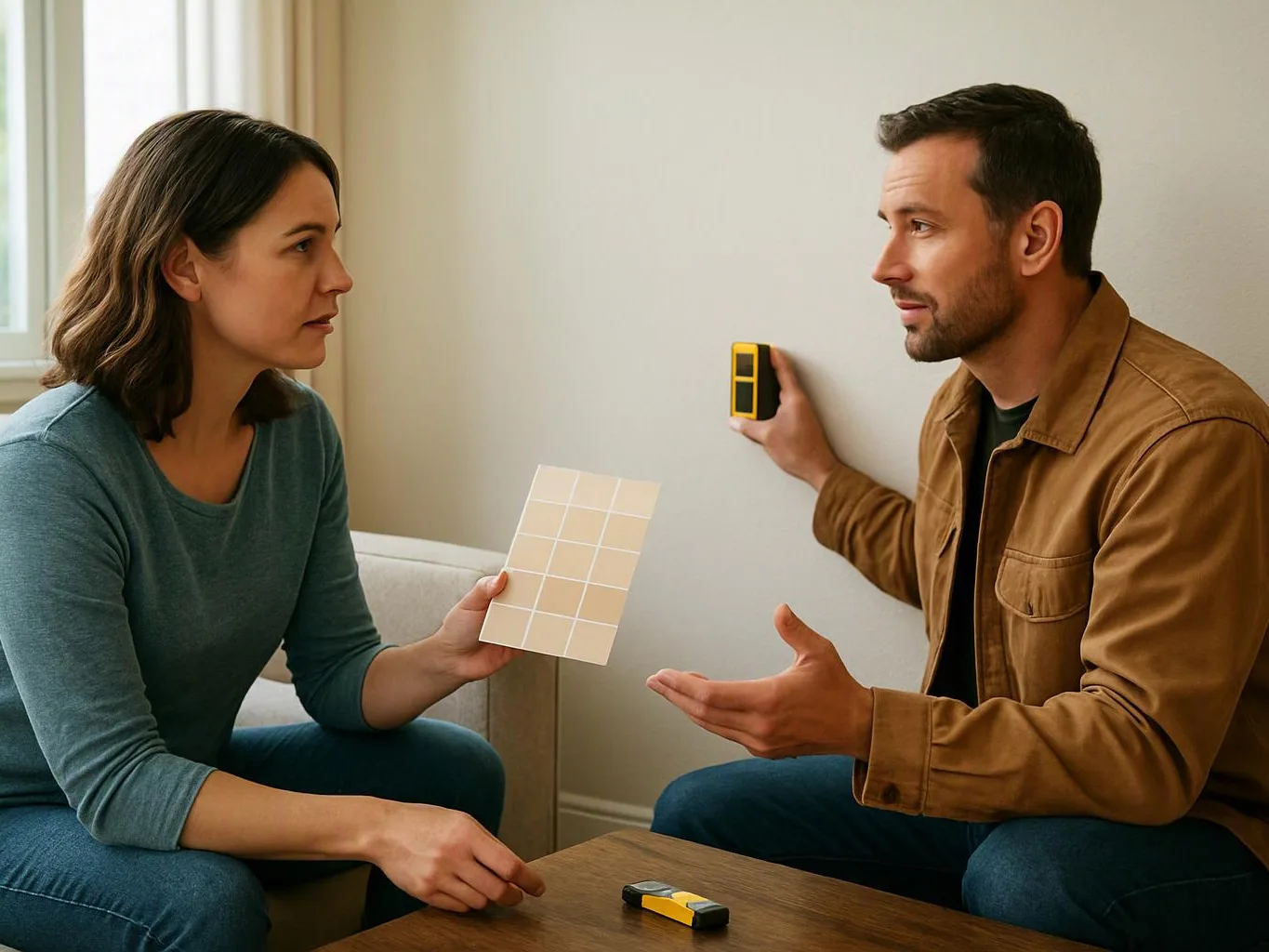 A man and woman compare paint samples and a wall color meter while sitting indoors on a sofa