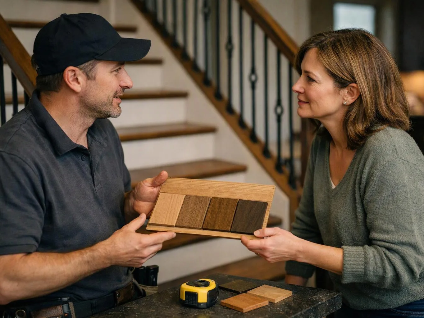 A man and woman compare wooden sample boards at a staircase, with a tape measure and color swatches on the counter