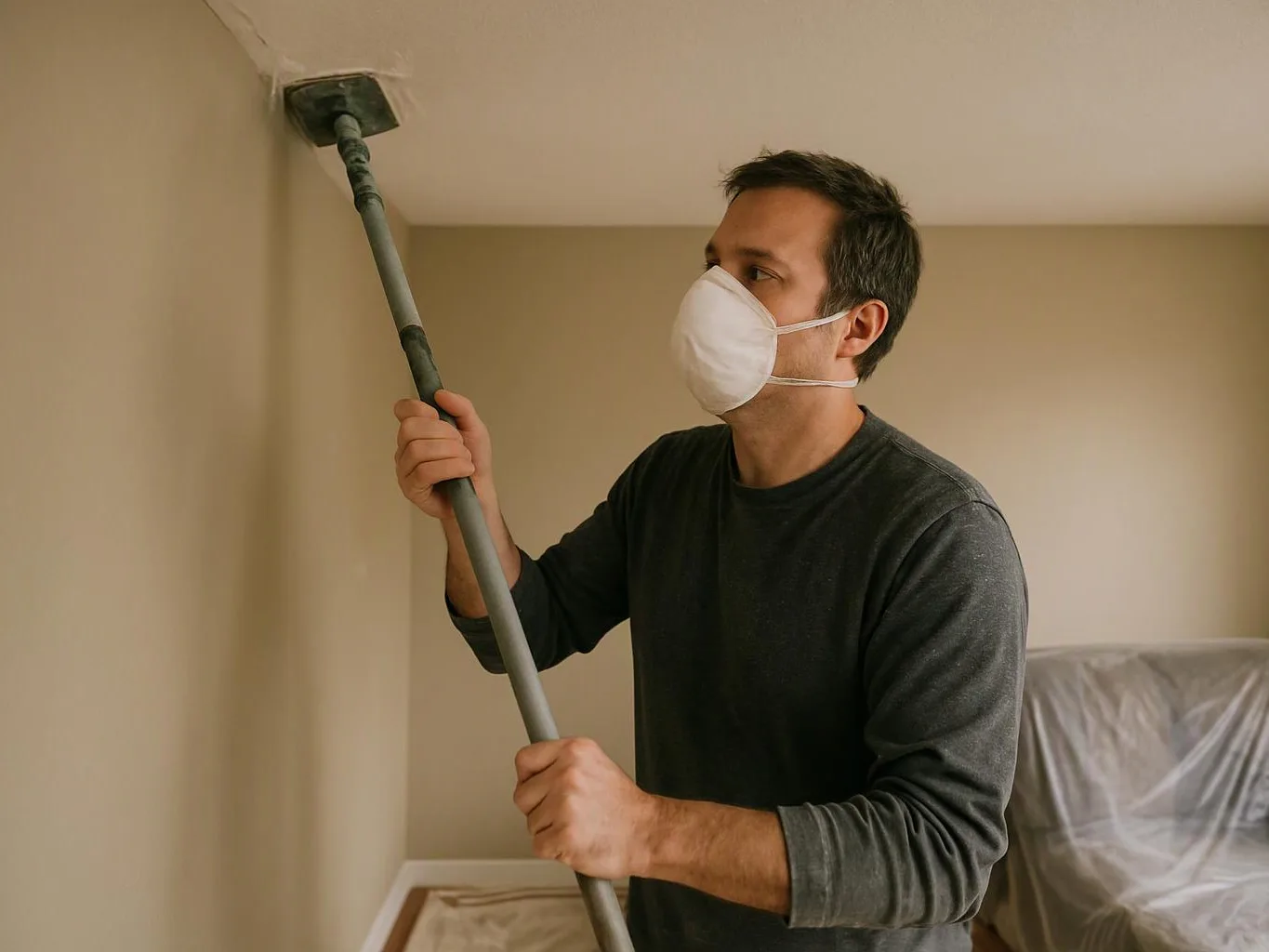 A masked man paints a ceiling corner with a long roller in a bare room