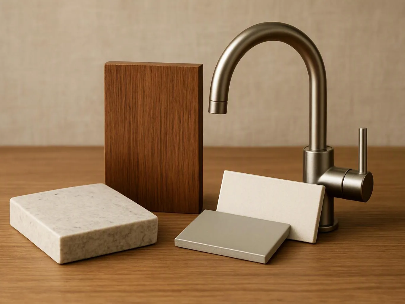 A metal faucet stands beside several sample tiles and stone slabs on a wooden table