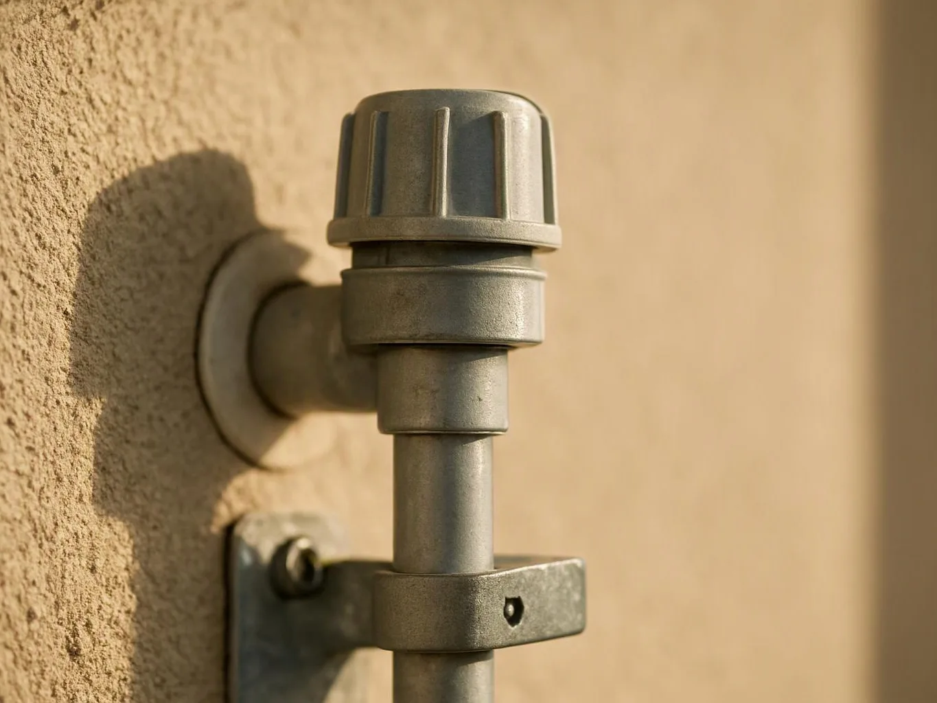 A metal pipe and cap protrude from a textured beige wall in warm sunlight