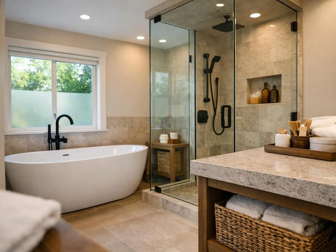 A modern bathroom shows a freestanding tub, glass shower, and stone vanity with neatly arranged towels