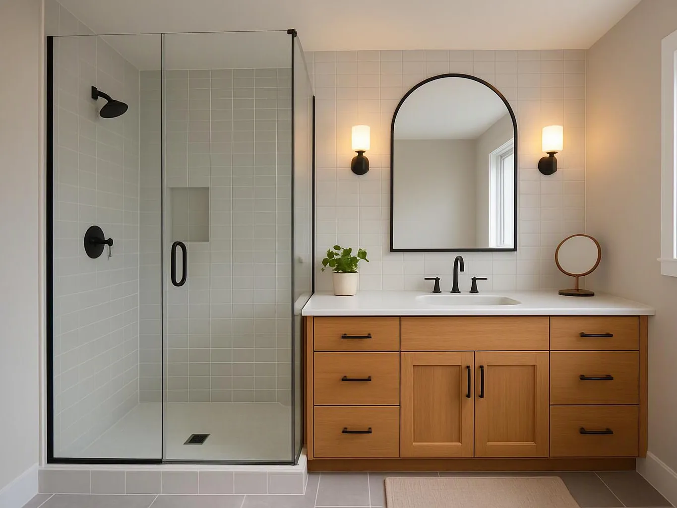A modern bathroom shows a glass shower, wood vanity, arched mirror, and soft wall lights