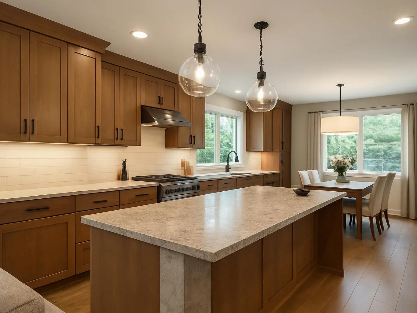 A modern kitchen with wood cabinets, a large island, pendant lights, and a dining nook by bright windows