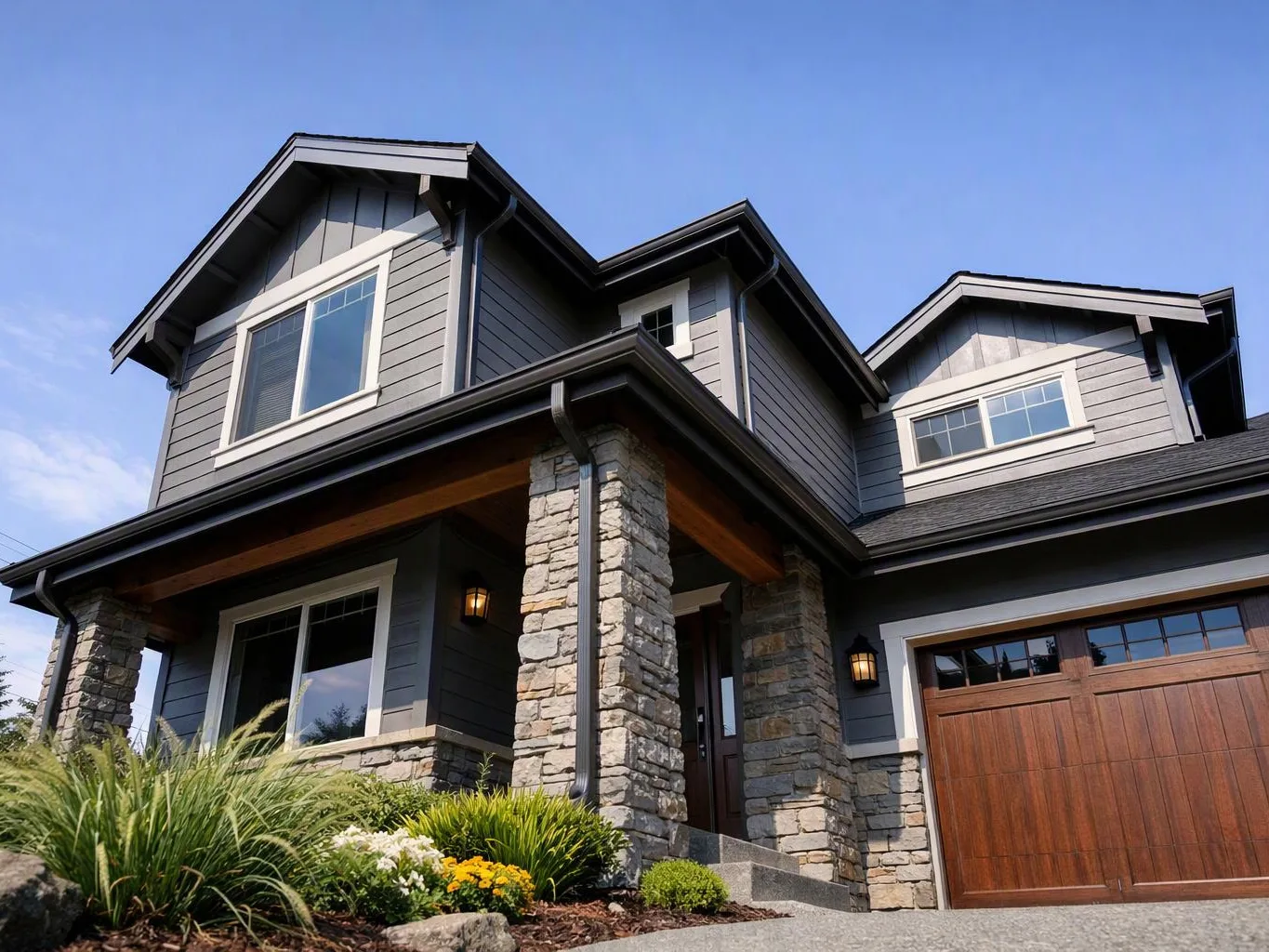 A modern two-story house with stone pillars, wood garage doors, and trimmed front landscaping under a clear blue sky