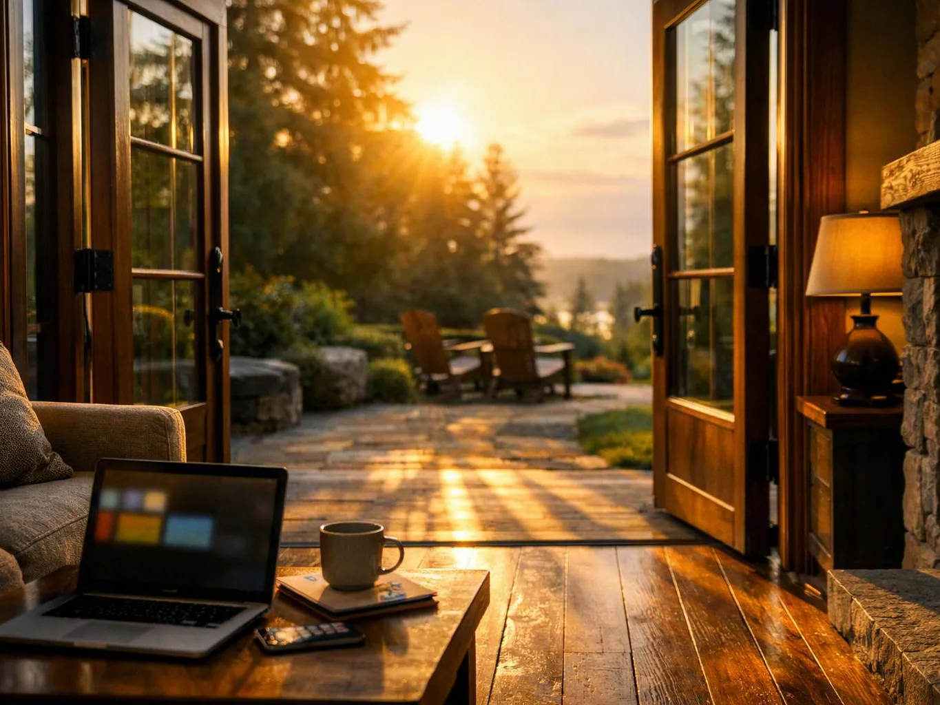 An open cabin interior frames a glowing sunset patio with a laptop, mug, and lamp in the foreground