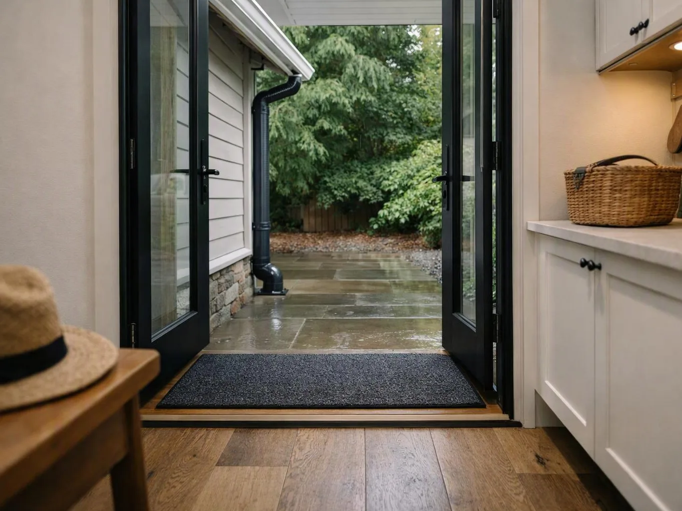 An open doorway leads from a tidy kitchen to a wet stone patio and green trees outside