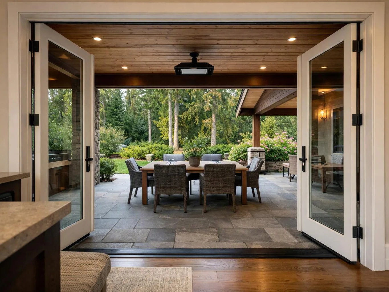 Open French doors frame a covered patio with a dining table, wicker chairs, and a green garden beyond
