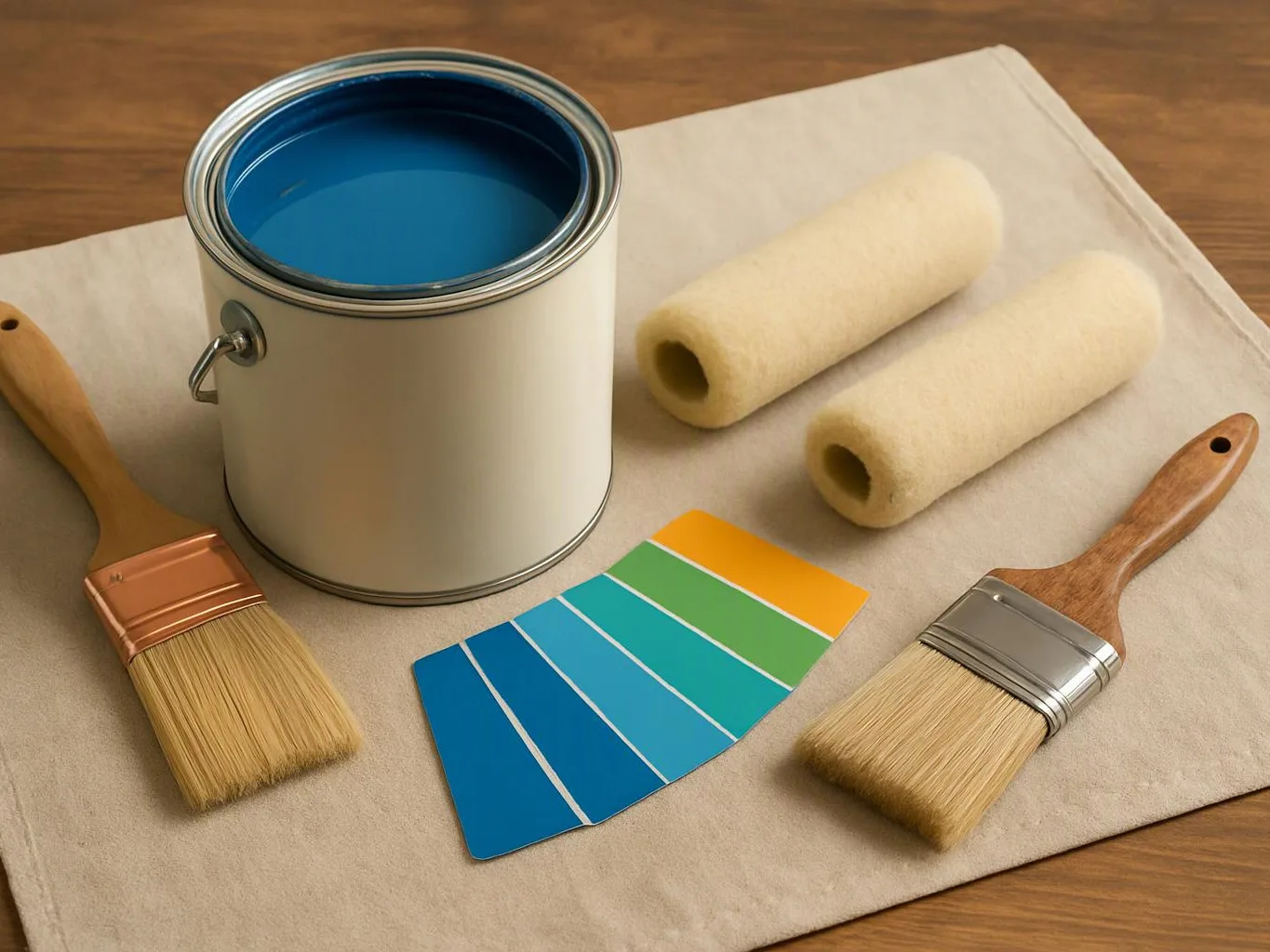 A paint can, two rollers, two brushes, and a color swatch fan sit on a cloth-covered table
