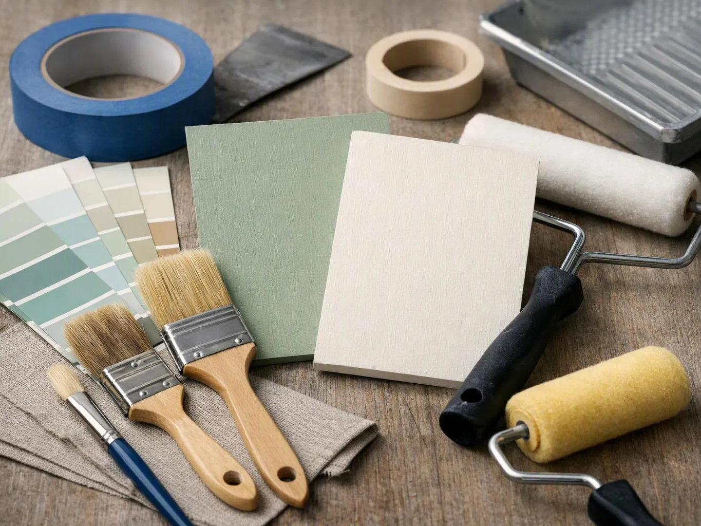 Paint rollers, brushes, masking tape, color swatches, and sample boards are arranged on a wooden surface