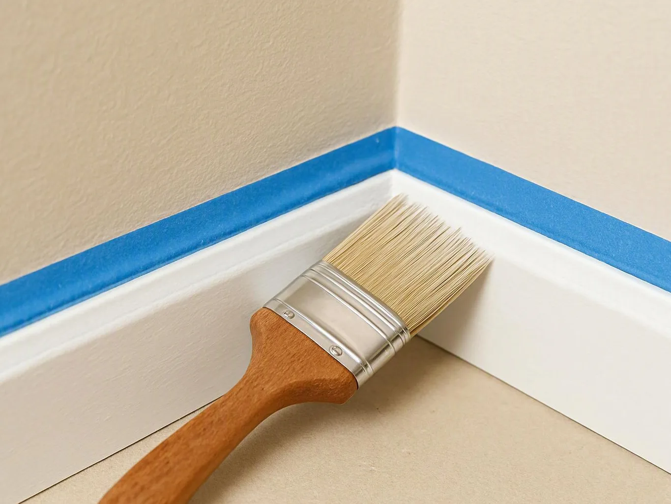 A paintbrush rests against blue-taped white trim at a room corner on a beige floor