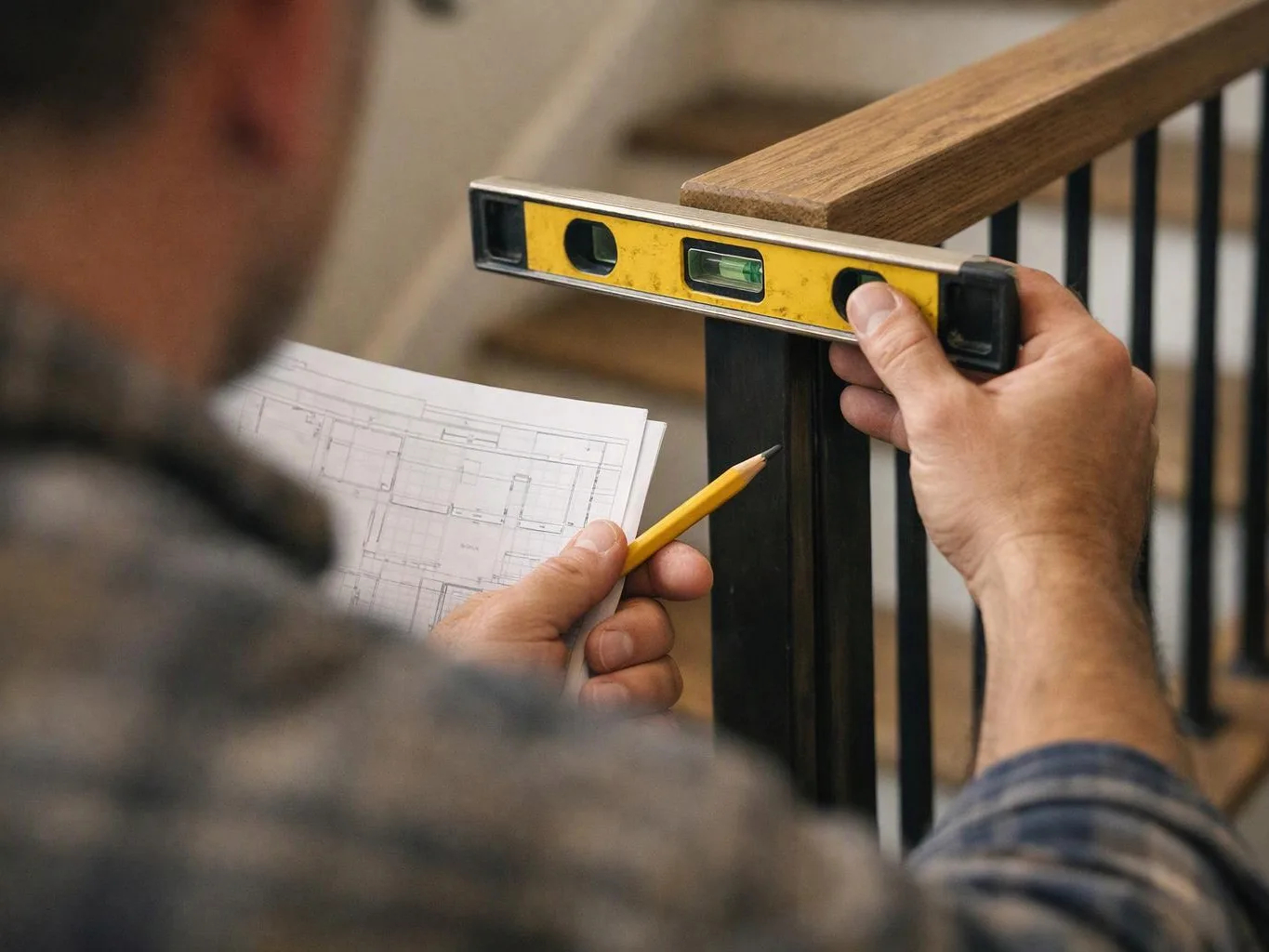 A person checks a railing with a spirit level while holding a floor plan and pencil indoors