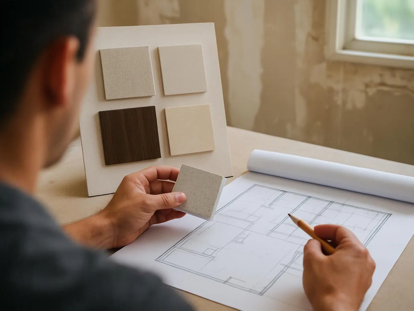A person compares paint sample tiles while sketching a floor plan on paper at a desk