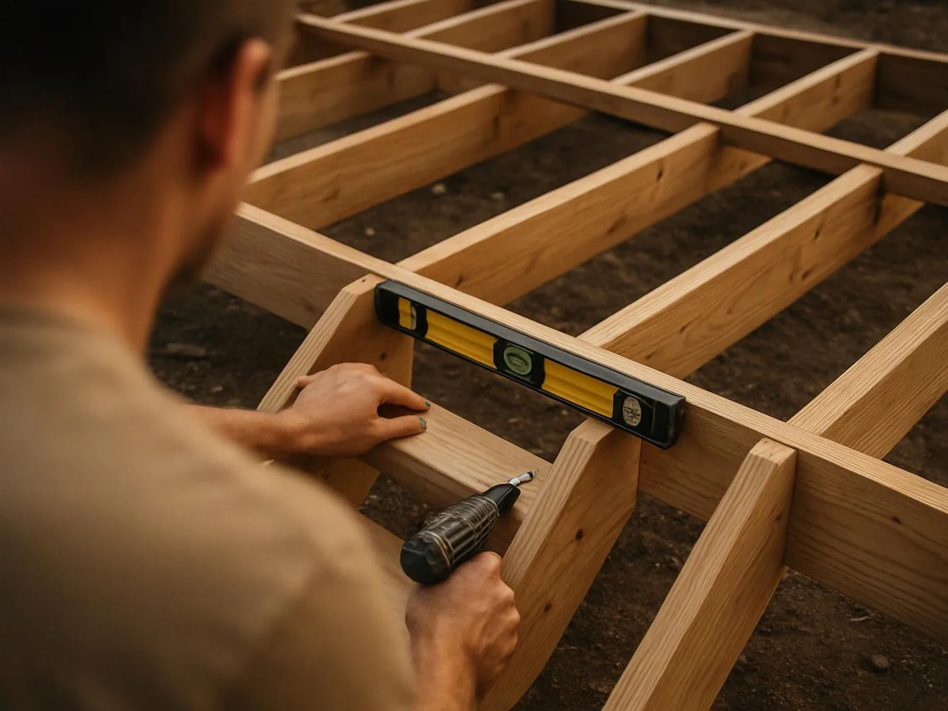 A person drills and levels a wooden frame during house construction