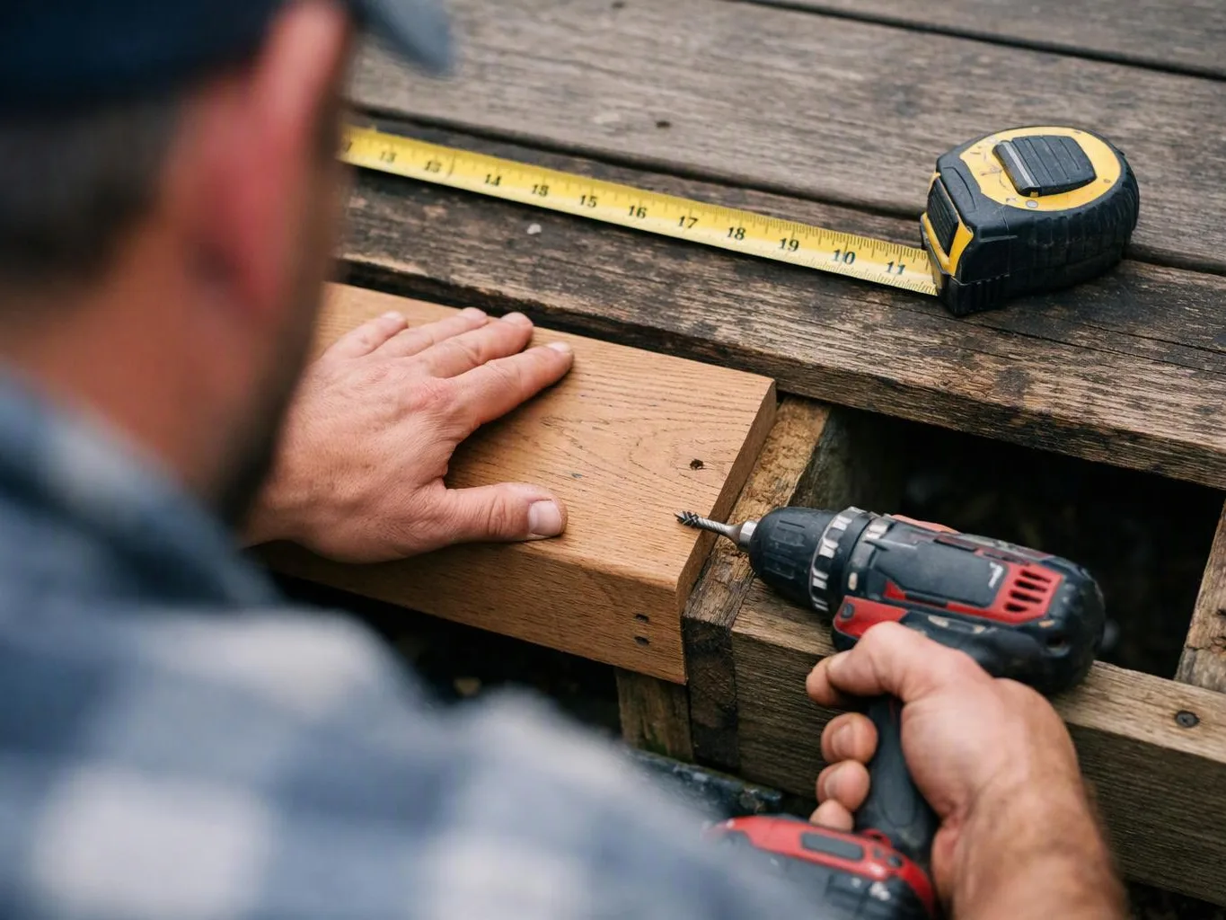 A person drills a wooden board on a weathered deck while a tape measure lies across the planks
